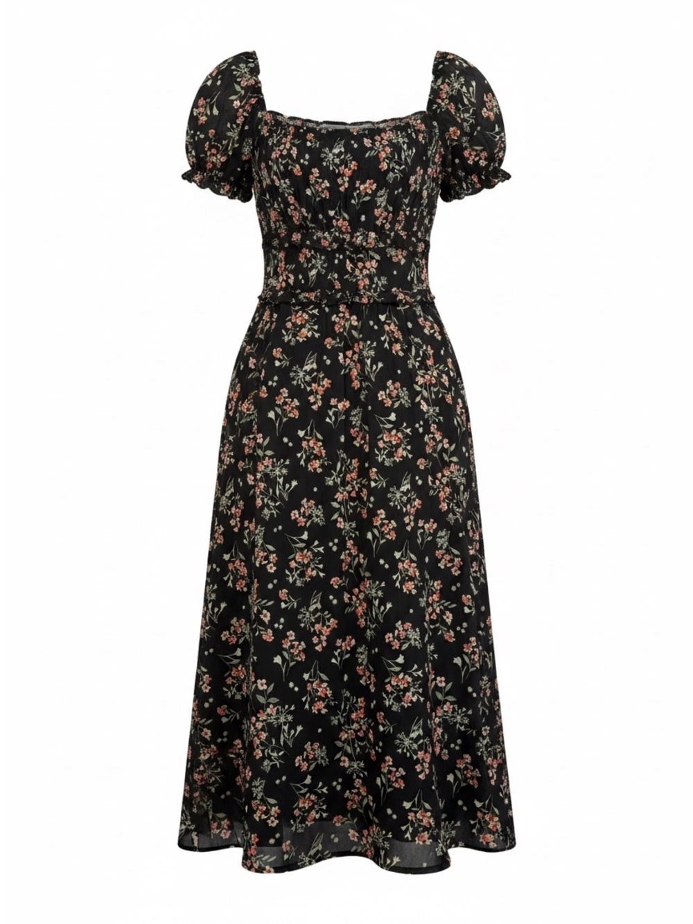 Row A Black Floral Smocked Puff Sleeve Midi Dress with Slit Women Sz S
